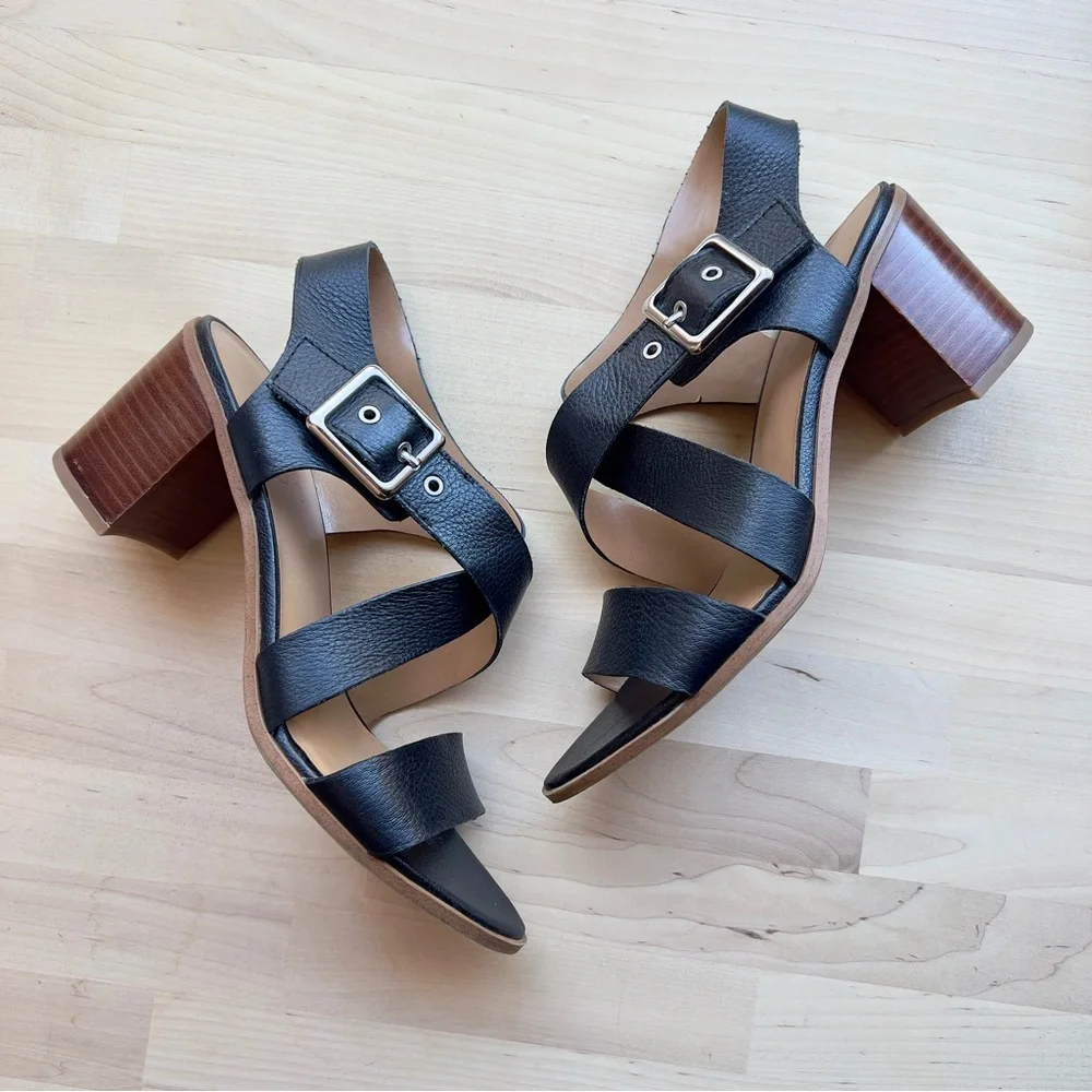 Franco Sarto HELGA Black Leather Silver Hardware Buckle Heel Sandals size 7 - Picture 2 of 11
